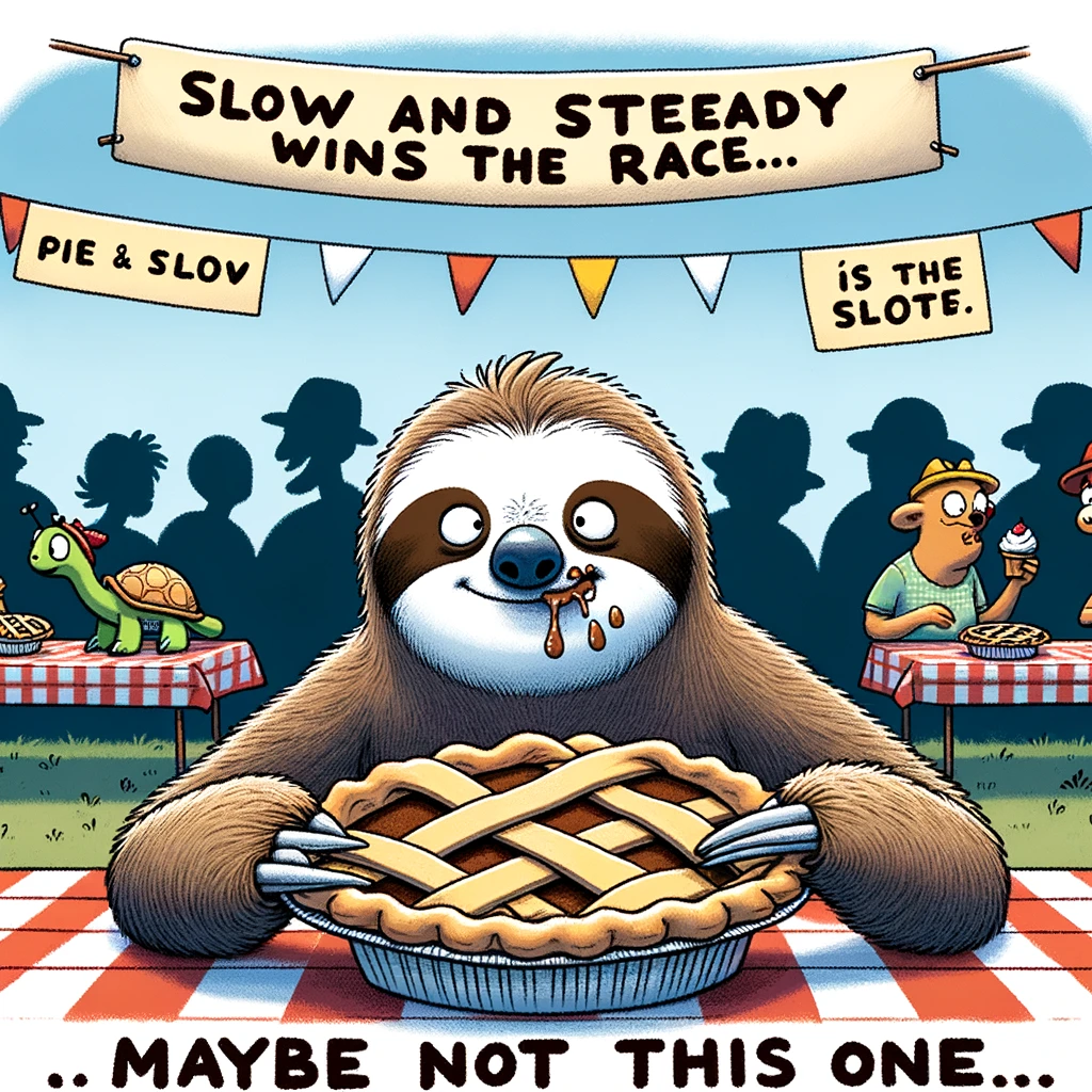 A cartoon sloth participating in a pie-eating contest, barely having eaten a bite while others have finished. The setting is a festive outdoor fair. The caption reads "Slow and steady wins the race... maybe not this one" in a humorous font, poking fun at the sloth's slow eating pace compared to the competition.
