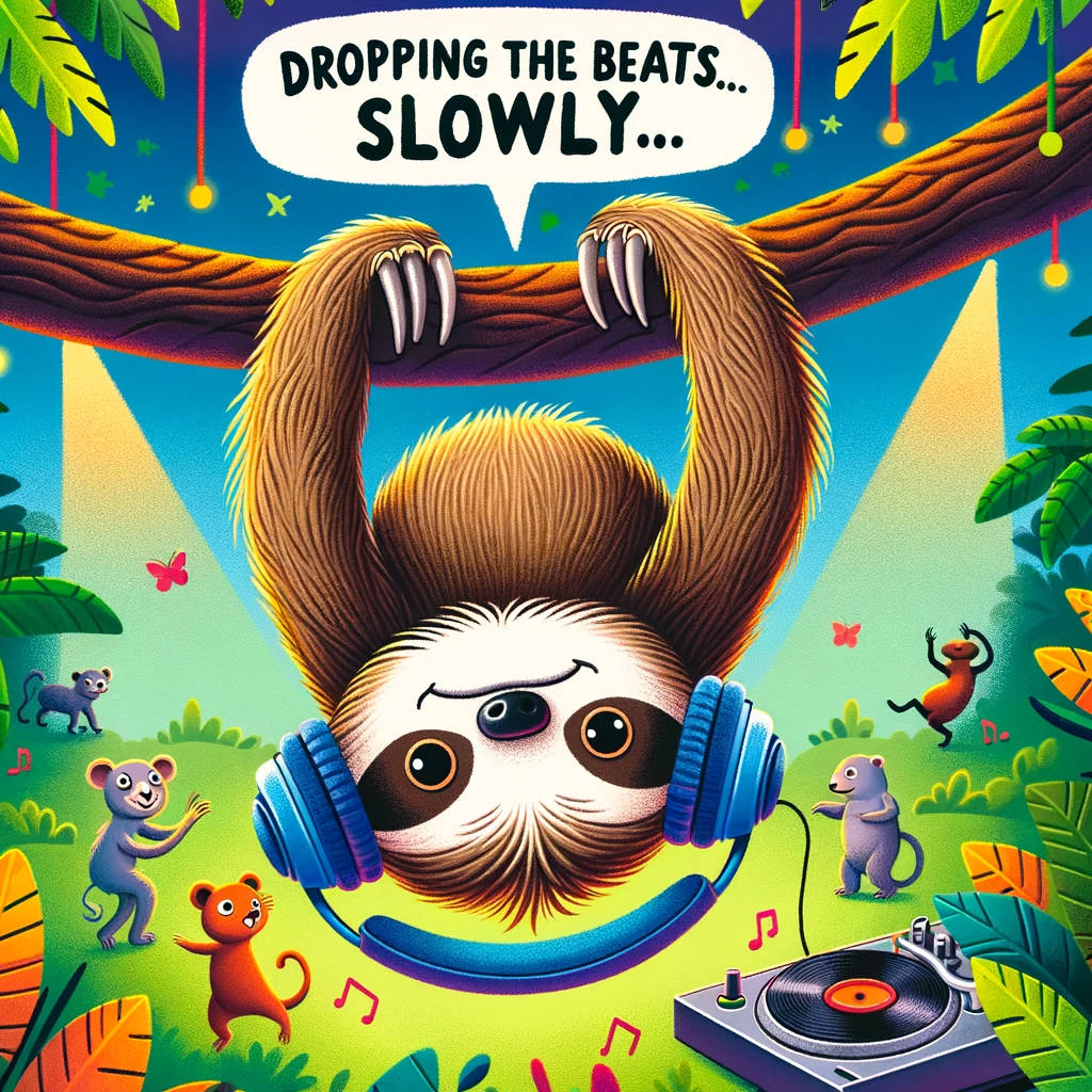 A cartoon sloth hanging upside down from a tree, wearing headphones and DJing at a party. The background is a lively jungle scene with animals dancing. The caption reads "Dropping the beats... slowly" in a vibrant, energetic font, highlighting the sloth's role as a DJ setting the party's pace.
