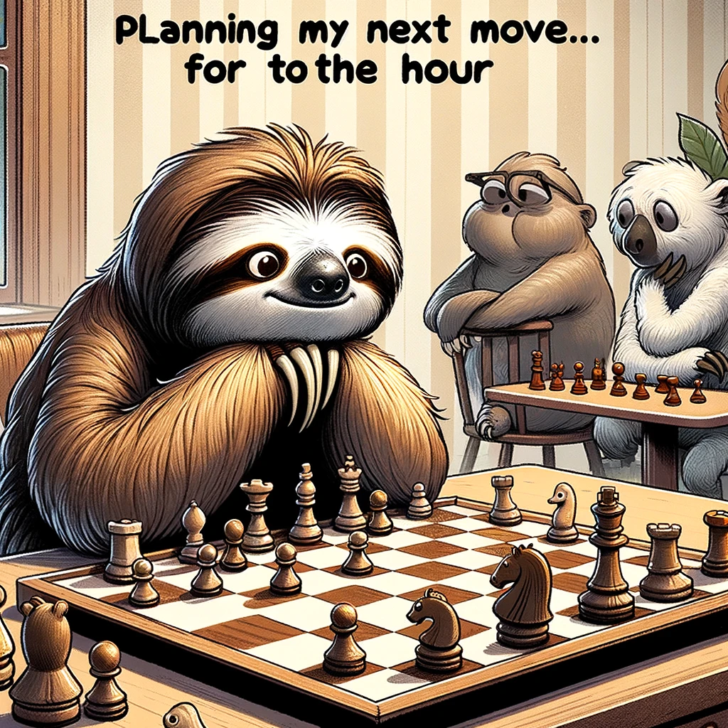A cartoon sloth playing chess, staring intently at the board with pieces barely moved. The setting is a classic game room with other animals waiting impatiently. The caption reads "Planning my next move... for the next hour" in a thoughtful font, reflecting the sloth's slow but strategic game play.