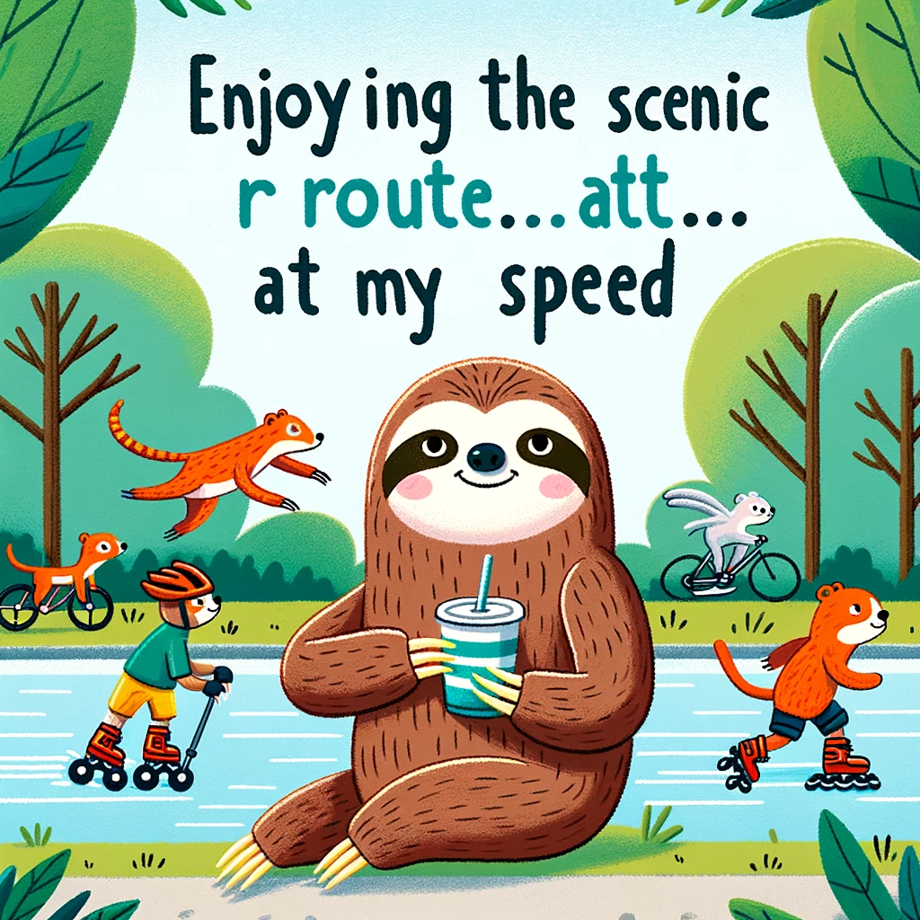 A cartoon sloth taking a leisurely stroll in the park, with a backdrop of trees and a pond. Other animals are zooming past on rollerblades and bicycles. The caption reads "Enjoying the scenic route... at my own speed" in a calming font, celebrating the sloth's appreciation for the slower pace of life.