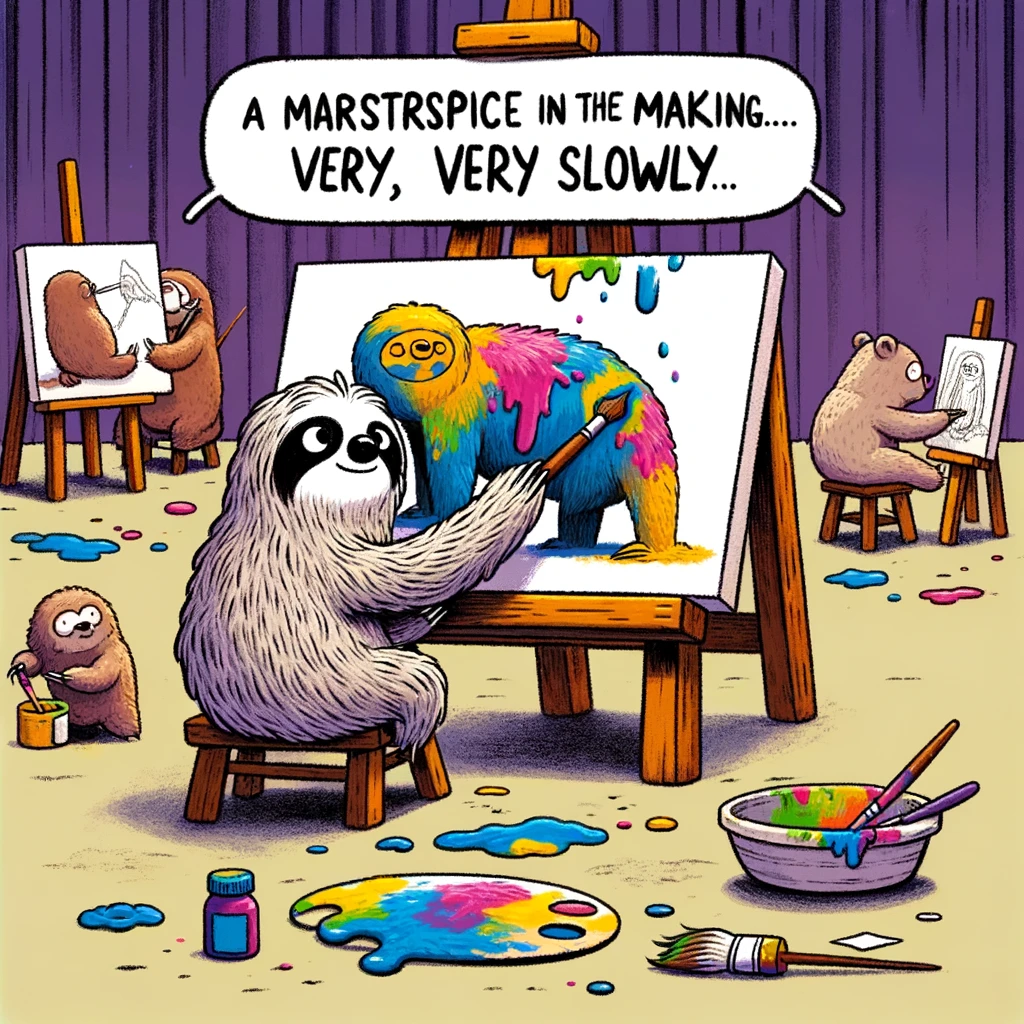 A cartoon sloth trying to paint a canvas, with more paint on itself than on the artwork. The setting is an art studio with other animals creating masterpieces. The caption reads "A masterpiece in the making... very, very slowly" in an artistic font, humorously showing the sloth's messy but earnest attempt at art.