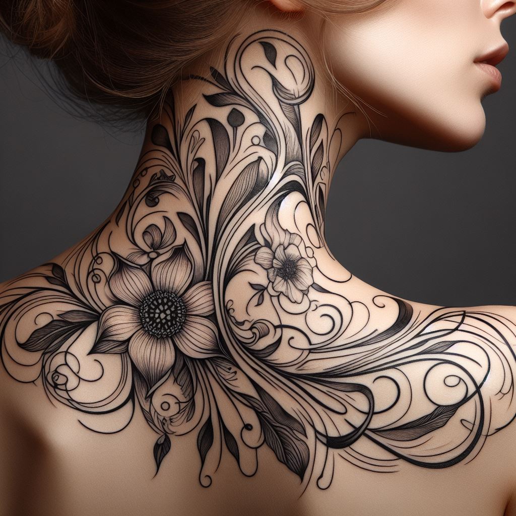 An art nouveau style tattoo with flowing lines and natural motifs, such as flowers and vines, gracefully adorning the side of the neck.