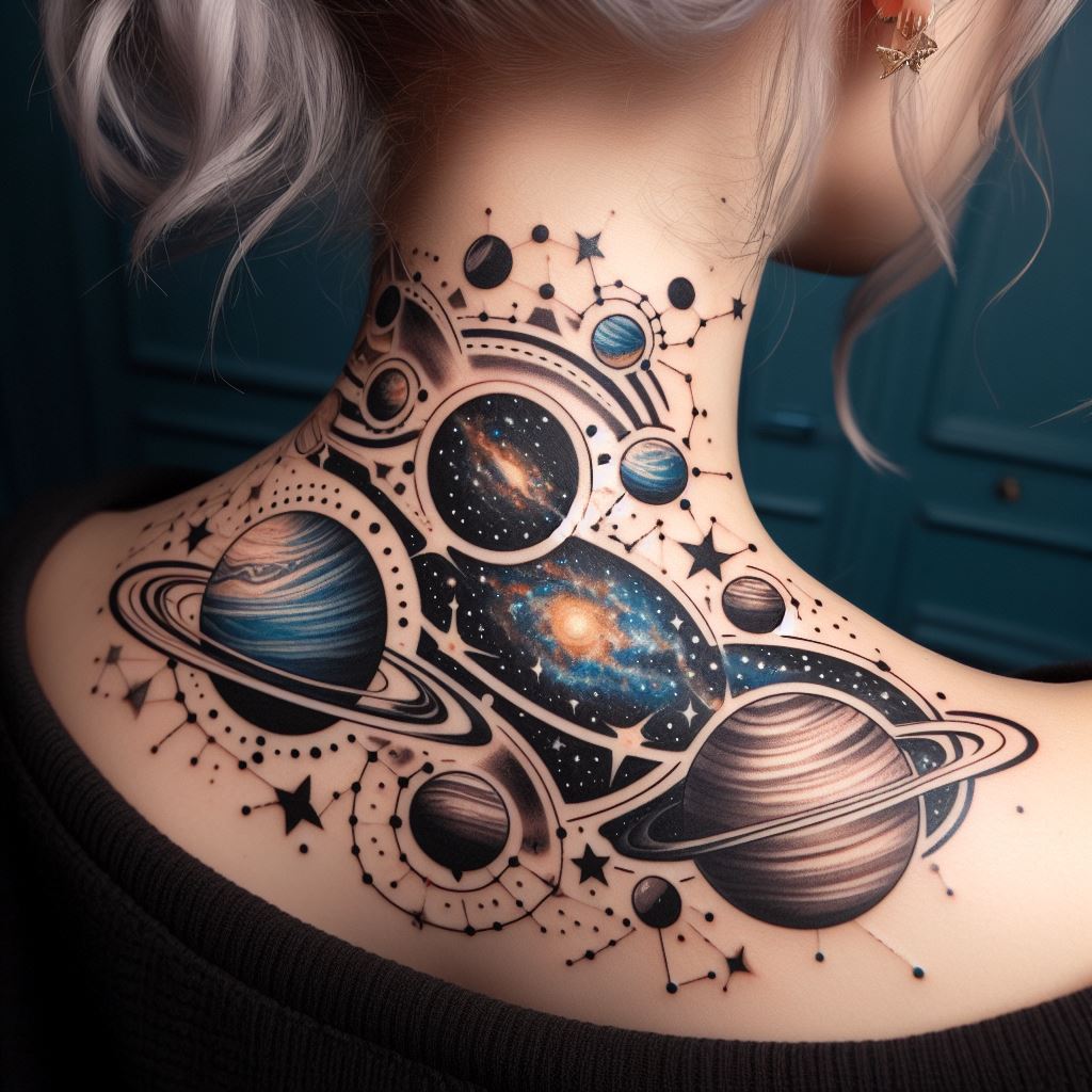 A cosmic tattoo design featuring planets, stars, and constellations that wraps around the neck, symbolizing a fascination with the universe.