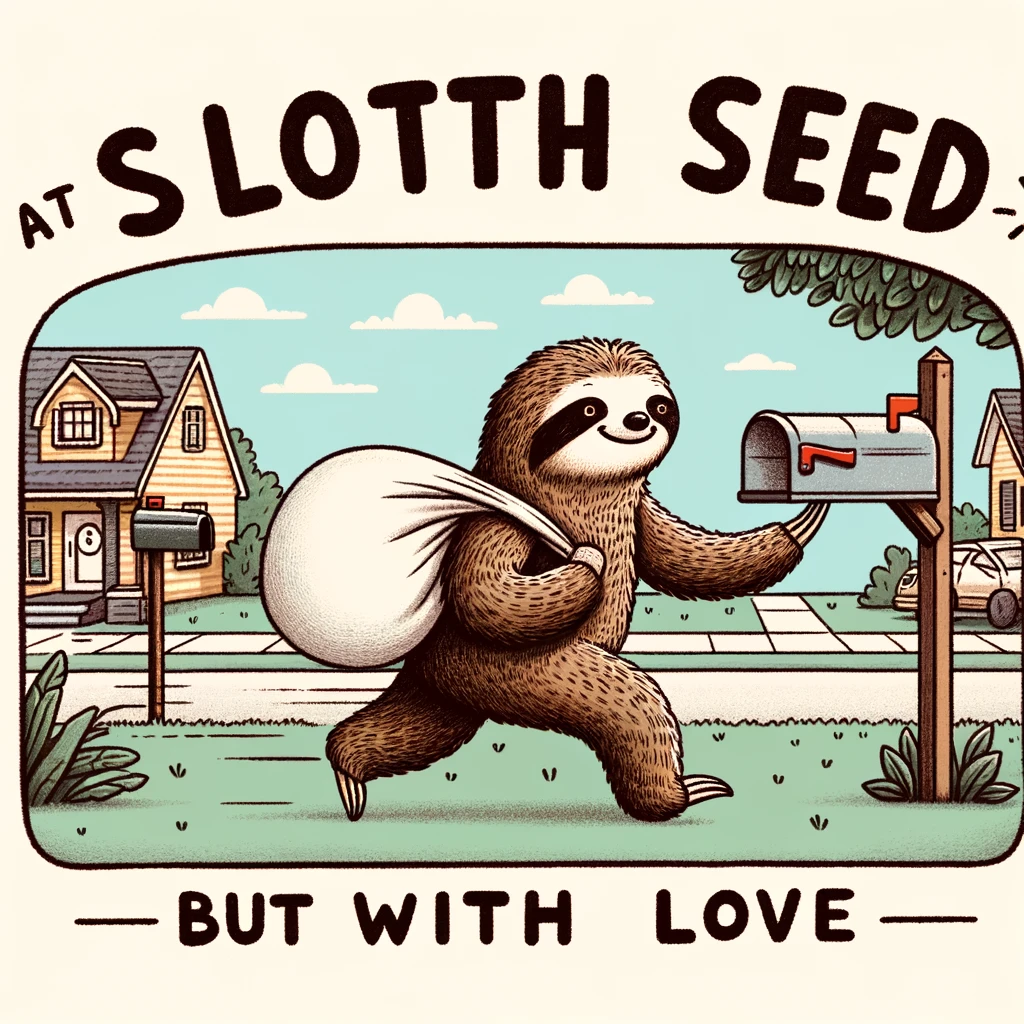 A cartoon sloth as a mail carrier, carrying a bag of letters and moving from mailbox to mailbox at a leisurely pace. The suburban neighborhood background features homes with waiting residents. The caption reads "Delivering at sloth speed, but with love" in a friendly font, capturing the sloth's slow but careful approach to mail delivery.