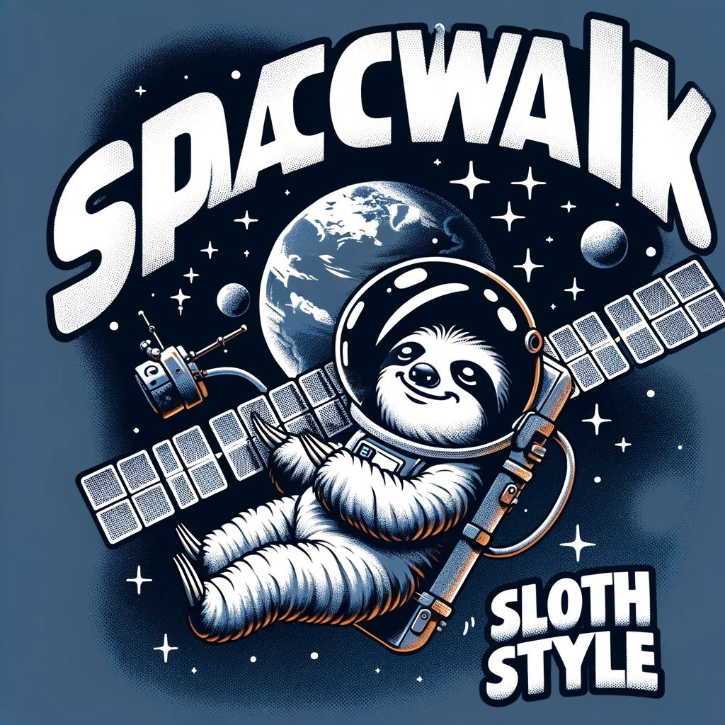 A cartoon sloth as an astronaut floating in space outside a spacecraft, moving slowly to repair a satellite. The Earth is visible in the background. The caption reads "Spacewalk, sloth style" in a futuristic font, highlighting the sloth's calm and deliberate movements in the vastness of space.