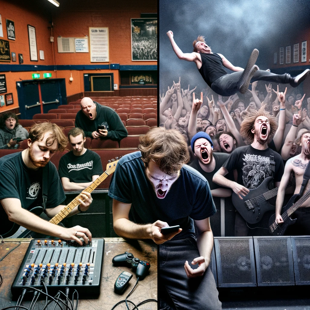 A humorous split image contrasting the band's demeanor during sound check versus their energy at the actual gig. On the left, the band is depicted during sound check in an almost empty venue, looking disinterested and bored, with one member yawning and another casually checking their phone. The right side of the image transforms the scene into the band performing at the actual gig, where they are full of energy and exaggerated, wild expressions, as the crowd goes wild in the background. The stark difference between the two scenarios emphasizes the switch from monotony to excitement that performers often experience, capturing the essence of live music's unpredictability and thrill.