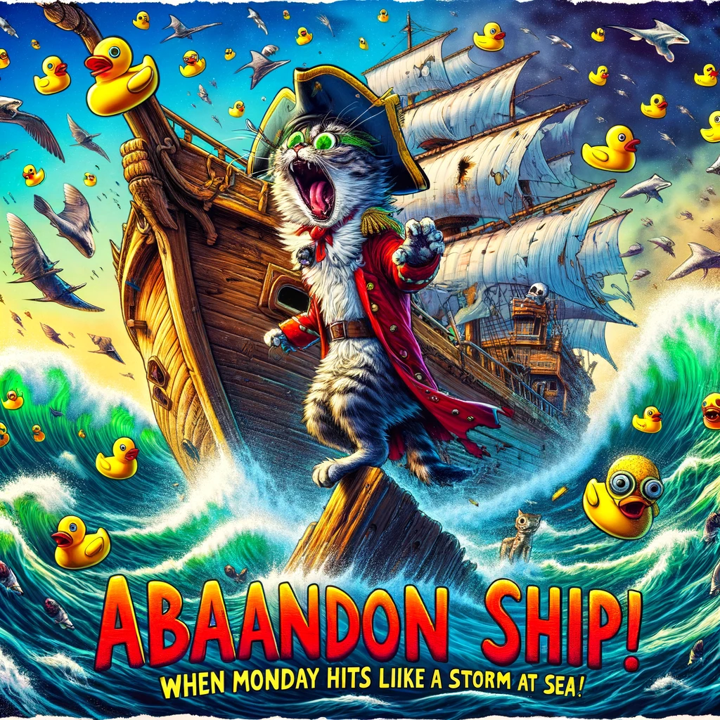 A chaotic meme featuring a cat dressed as a pirate, standing on a sinking ship, shouting "Abandon ship!" with comic-style exaggerated expressions. The water is filled with rubber ducks instead of sharks, and the sky is a whirlwind of flying fish. Bold, colorful text at the bottom reads: "When Monday hits you like a storm at sea."