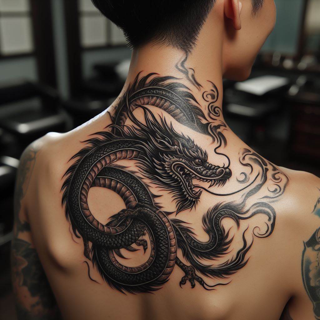 A fierce dragon tattoo in traditional Asian style, curling from the back of the neck to the side, symbolizing power and wisdom.