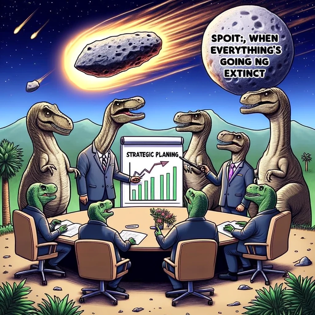 A humorous meme featuring a group of dinosaurs in business suits, having a meeting around a meteor falling towards Earth. The scene is depicted in a cartoon style, with one dinosaur pointing at a flip chart that ironically shows increasing profit graphs. The caption reads: "Strategic planning when everything's going extinct."