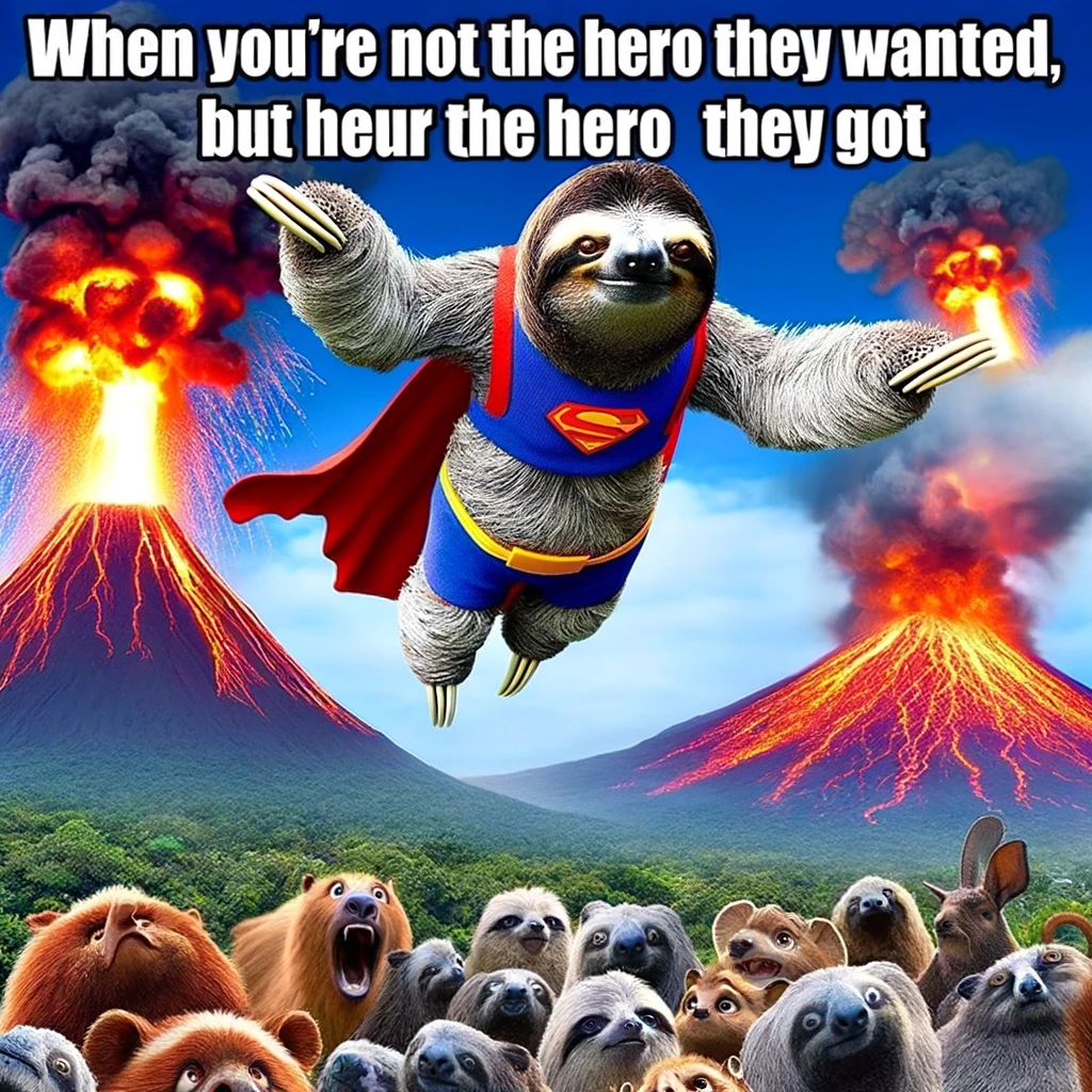 A chaotic meme showing a sloth dressed as a superhero, flying awkwardly against a backdrop of exploding volcanoes, with a confused look on its face. In the foreground, a group of animals watches in amazement. The meme's caption in bold, dramatic font reads: "When you're not the hero they wanted, but the hero they got."