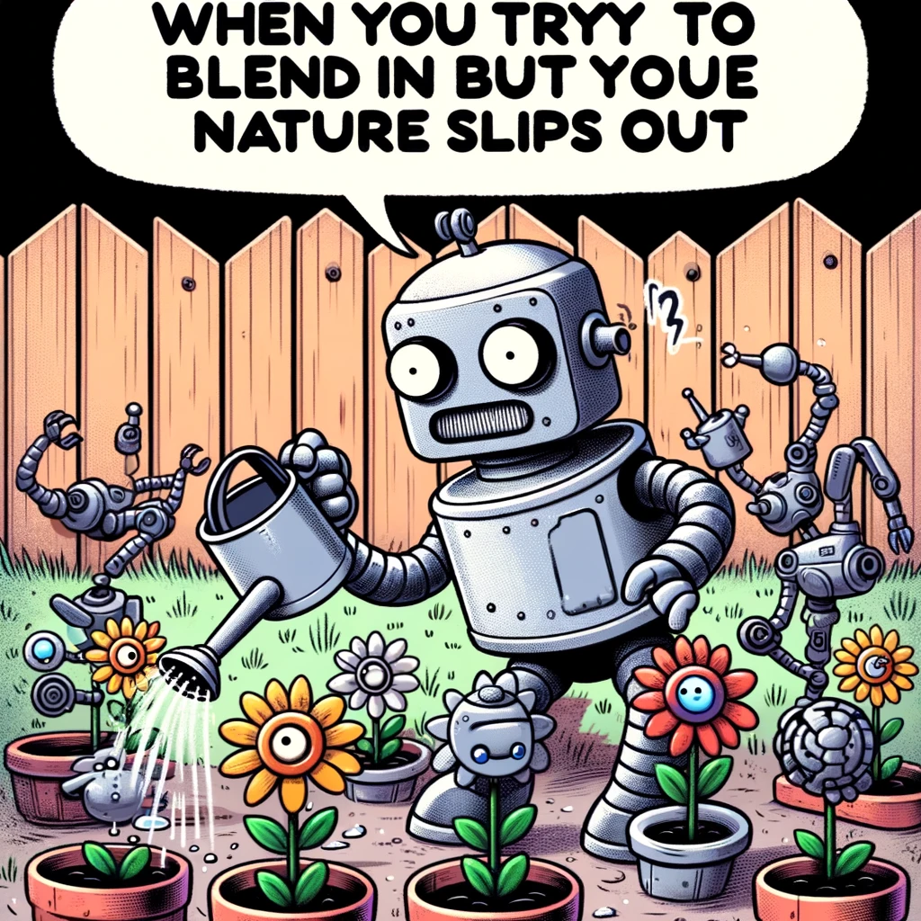 A wacky meme of a robot trying to water plants with oil, in a garden full of mechanical flowers. The robot has a confused expression, and one of the flowers is sparking. The caption in a playful font states: "When you try to blend in but your true nature slips out."