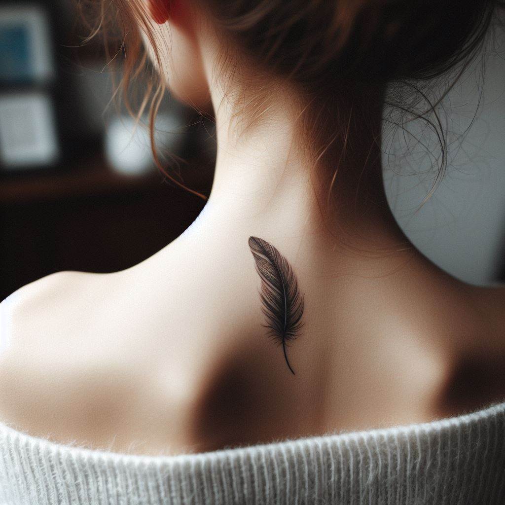 A minimalist tattoo of a single feather, placed delicately on the back of the neck, representing freedom and lightness.