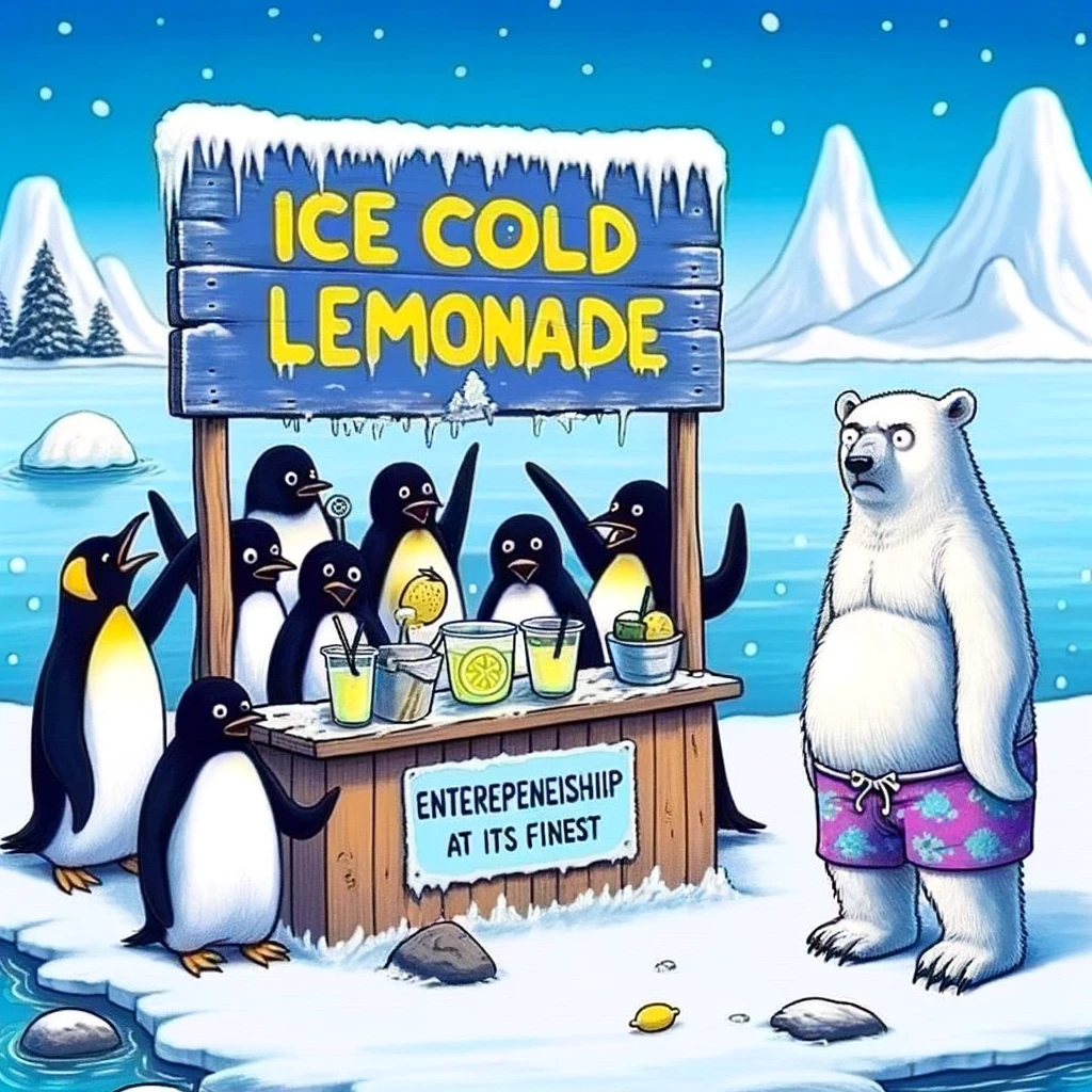 An absurd meme depicting a group of penguins operating a lemonade stand in the middle of a snowy landscape, with a sign that reads "Ice Cold Lemonade." A confused polar bear in a beach outfit is their only customer. The caption, in a frosty font, reads: "Entrepreneurship at its finest: know your market."