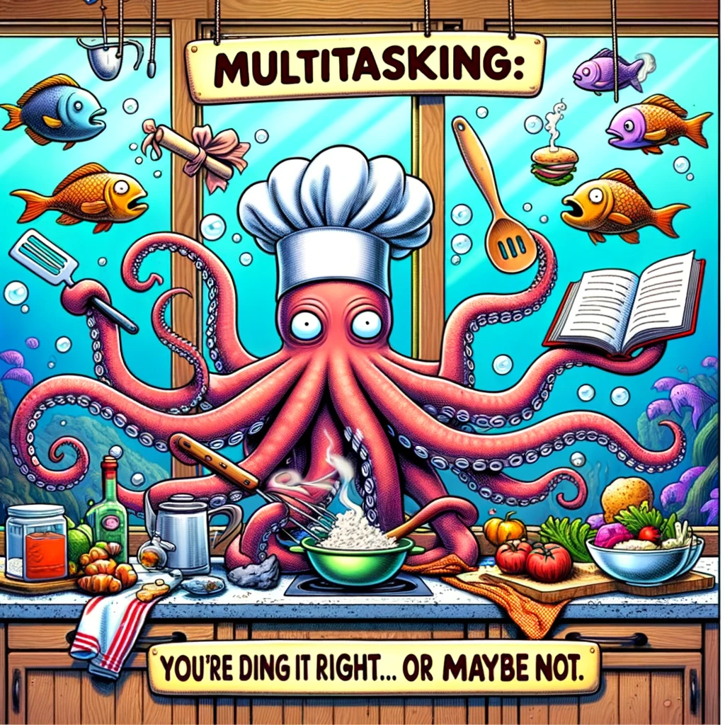 A chaotic meme featuring an octopus in a chef's hat, juggling kitchen utensils, ingredients, and a cookbook in an underwater kitchen. Fish are peeking through the windows, looking puzzled. The caption in a whimsical font reads: "Multitasking: You're doing it right... or maybe not."