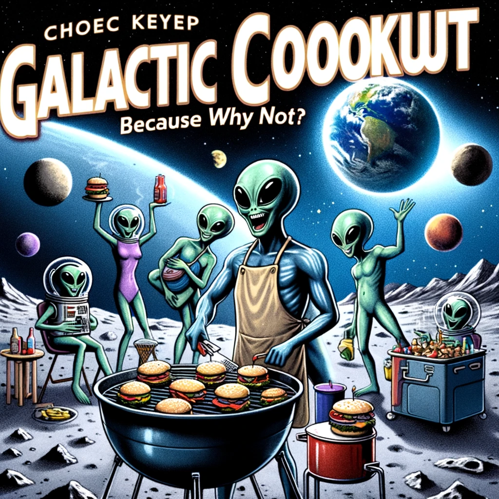 A zany meme showing a group of aliens having a barbecue on the moon, with Earth in the background. One alien is flipping burgers that look like various planets, while others are playing space-themed party games. The caption in a futuristic font reads: "Galactic cookout: because why not?"