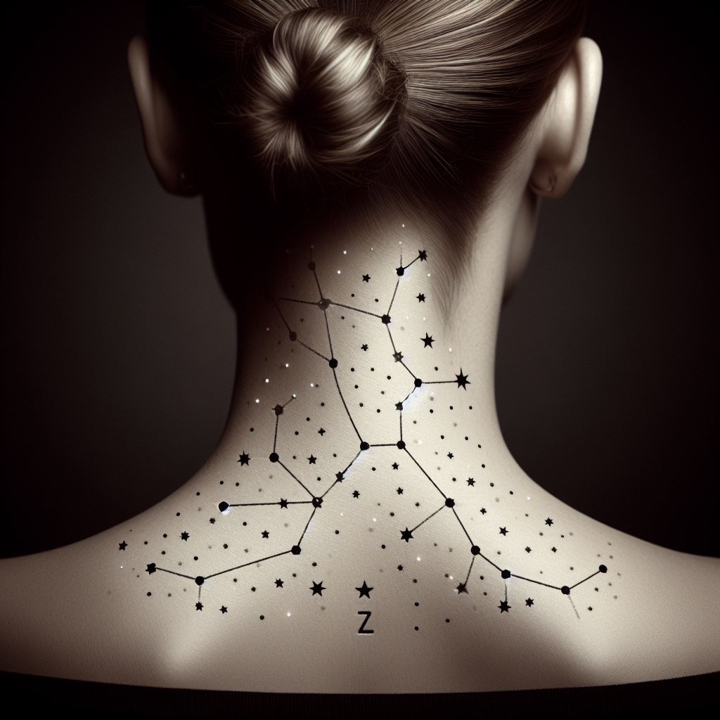 A series of small, interconnected stars creating a constellation pattern on the nape of the neck, personalized to the wearer's zodiac sign.
