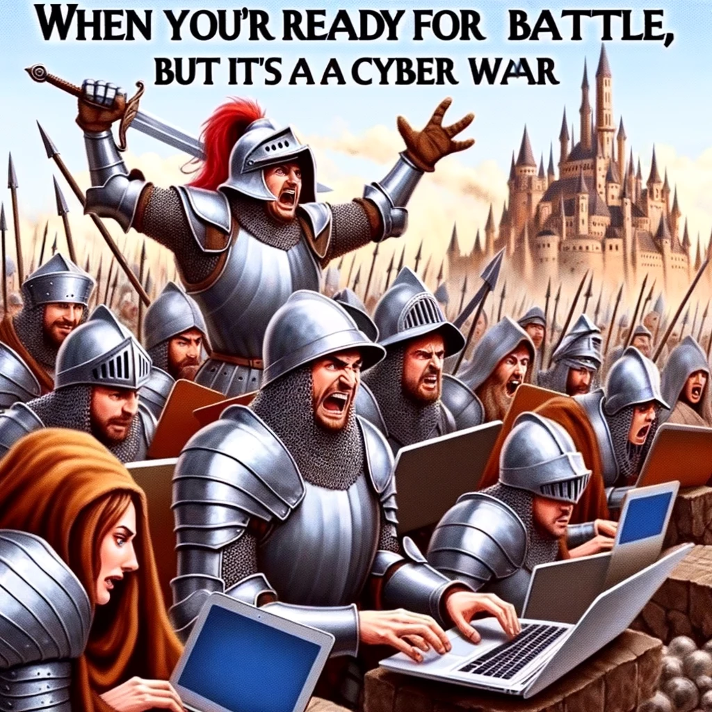 A hilarious meme of a group of medieval knights using laptops instead of swords in a battle, with a castle in the background. One knight is frantically typing, while others look on in confusion. The caption in a gothic font reads: "When you're ready for battle, but it's a cyber war."