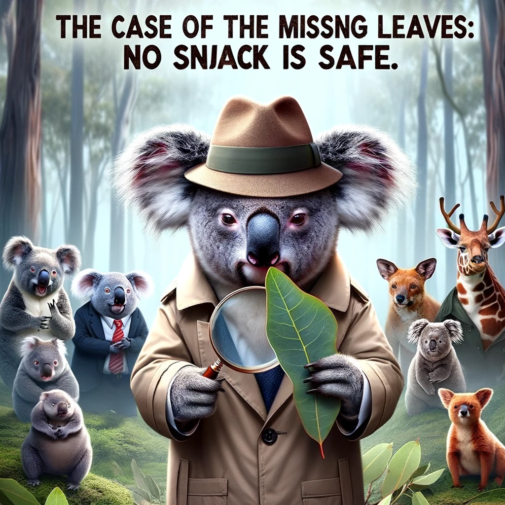 A side-splitting meme of a koala in a detective outfit, examining a eucalyptus leaf with a magnifying glass, in a forest turned crime scene. Other animals are lined up as suspects, looking guilty. The caption in a mystery novel font reads: "The case of the missing leaves: No snack is safe."