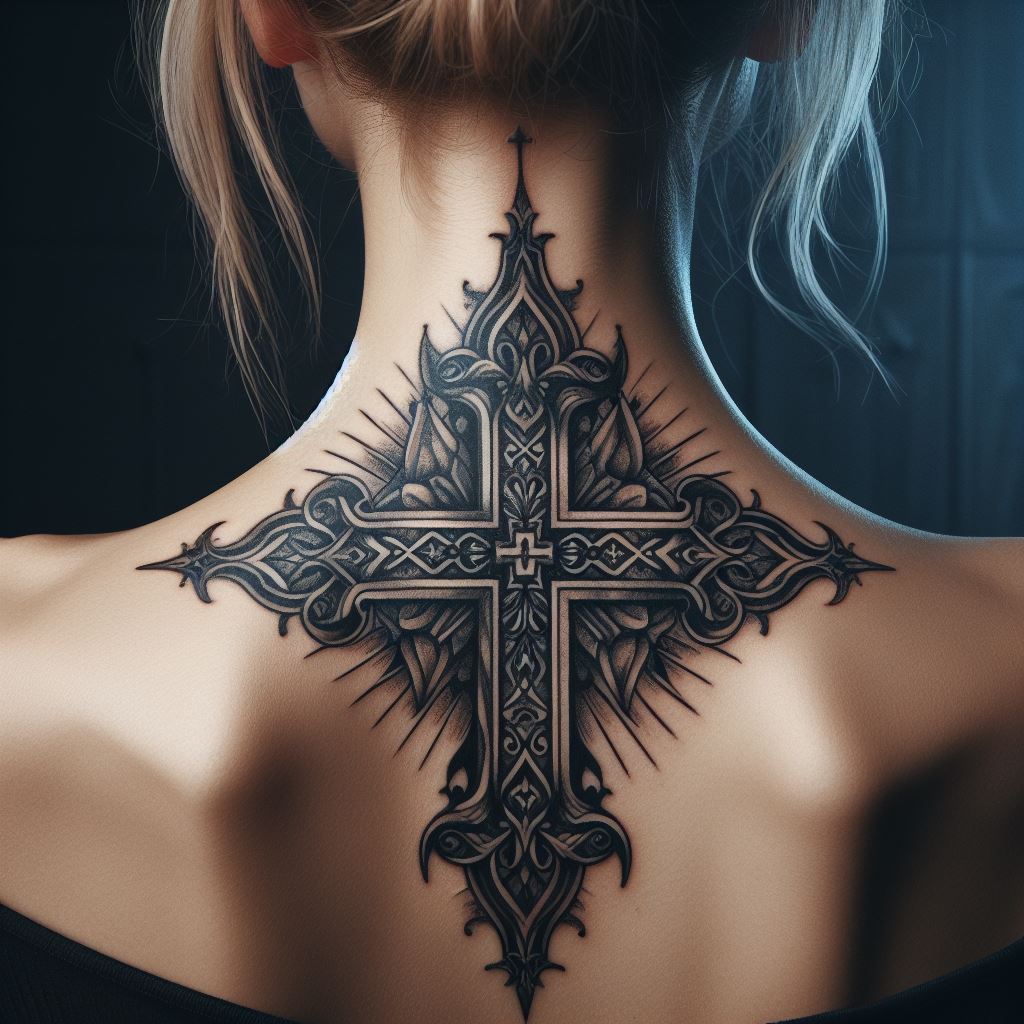 A Gothic-inspired tattoo featuring an ornate cross with detailed shading, positioned centrally on the back of the neck, symbolizing faith and devotion.