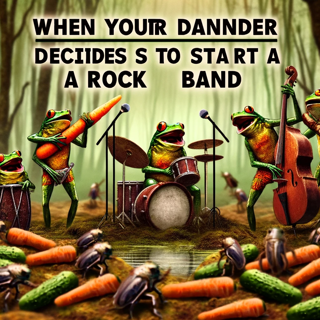 A nonsensical meme featuring a group of frogs in a band, playing instruments made out of vegetables in a swamp, with a crowd of insects as their audience. One frog is singing into a microphone made from a carrot. The caption in a funky font reads: "When your dinner decides to start a rock band."