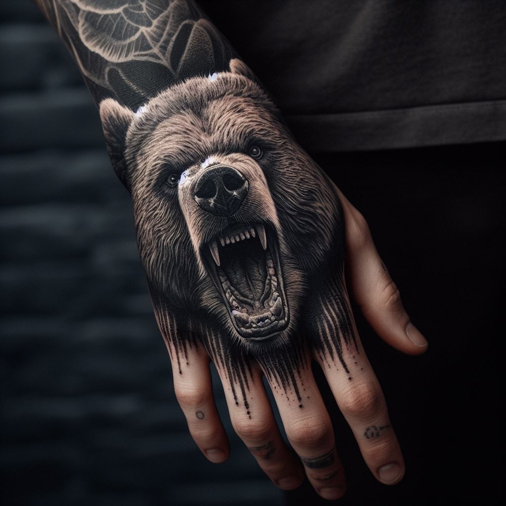 A detailed tattoo on the back of the hand, showing a bear's face with its jaws open in a roar. The design uses shading and textural details to give the bear a lifelike appearance, turning the hand into a symbol of power and defiance. This bold statement piece showcases the bear's ferocity and the wearer's fearless nature.
