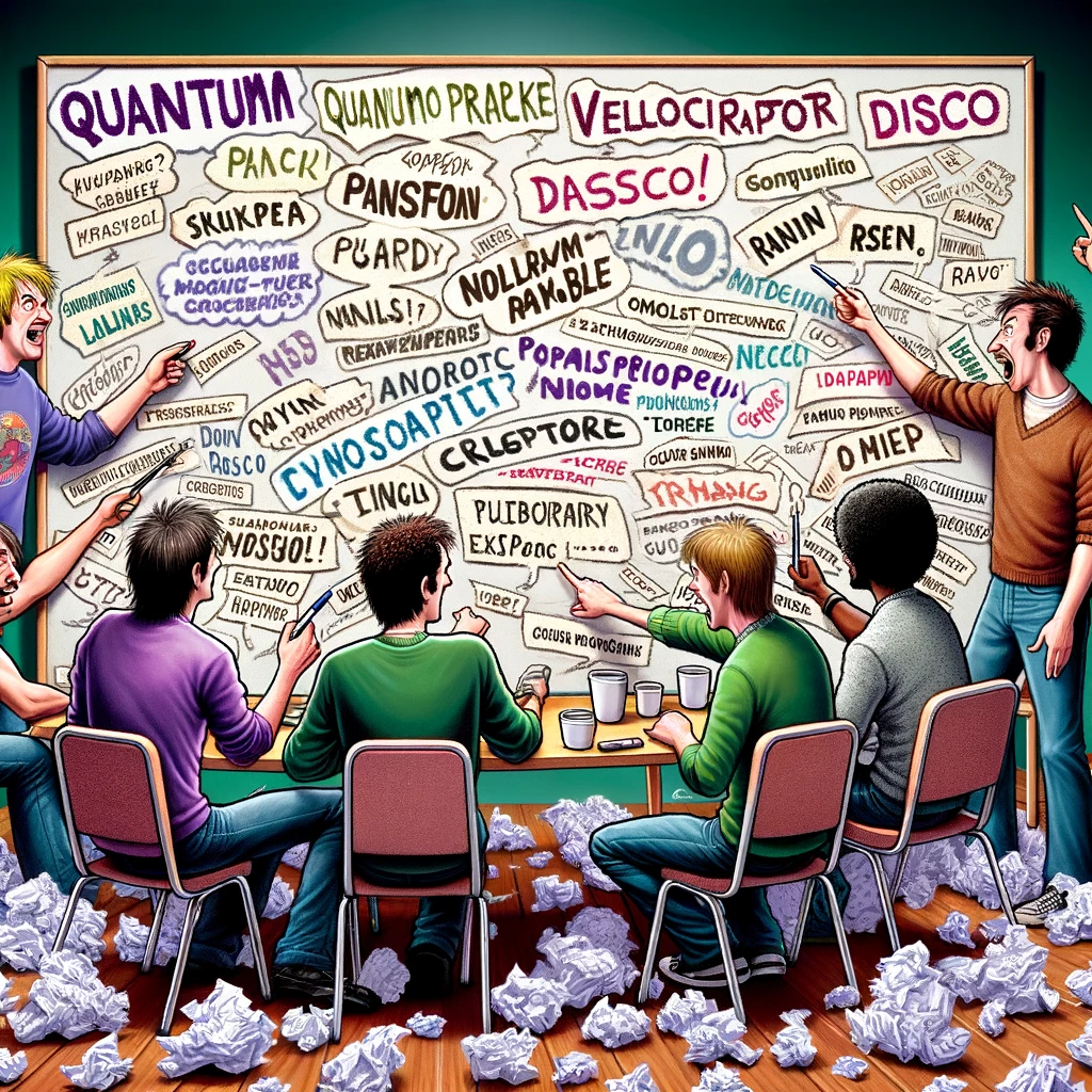 A lighthearted and comical brainstorming session depicting a band huddled around a cluttered whiteboard, filled with absurdly complicated and humorous band names like 'Quantum Pancake' and 'Velociraptor Disco'. Each band member points and argues over their favorite suggestions, showcasing a variety of reactions from excitement to skepticism. The scene is filled with crumpled paper balls on the floor, indicating discarded ideas, and cups of coffee scattered around, suggesting a long session. This image captures the creative and often humorous process of choosing a band name, highlighting the diversity of ideas and personalities within the band.
