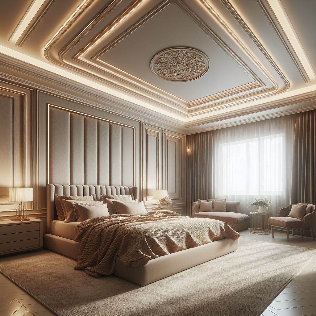 A spacious master bedroom featuring a luxurious tray ceiling with integrated LED lighting that casts a warm, ambient glow throughout the room. Include a large, plush king-sized bed with elegant bedding in the center of the room, complemented by a soft, neutral color palette on the walls and floor. The tray ceiling should have subtle, intricate moldings to add depth and character.