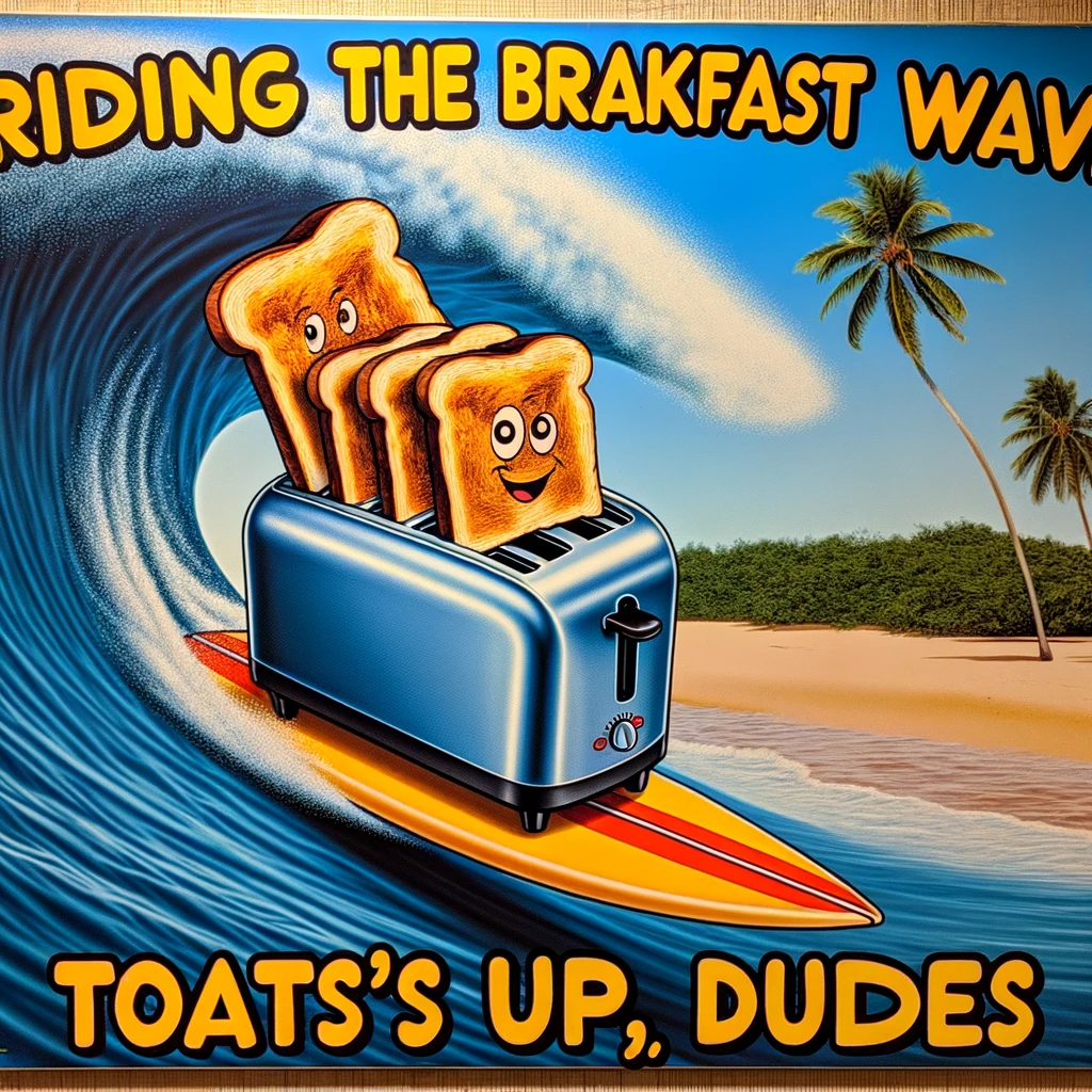 An off-the-wall meme showing a toaster surfing on a giant wave, with slices of toast flying out with each crest. The background is a tropical beach scene. The caption in a surfer slang font reads: "Riding the breakfast wave: Toast's up, dudes!"