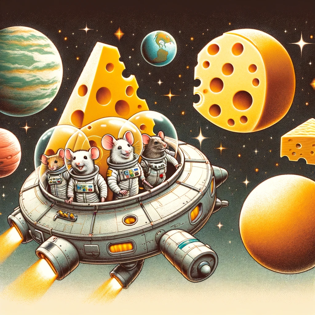 A whimsical meme featuring a group of mice dressed as astronauts, floating around in a cheese-shaped spaceship, with planets made of various cheeses in the background. The caption in a space-age font reads: "The final frontier: Exploring the galaxy for the best cheese."
