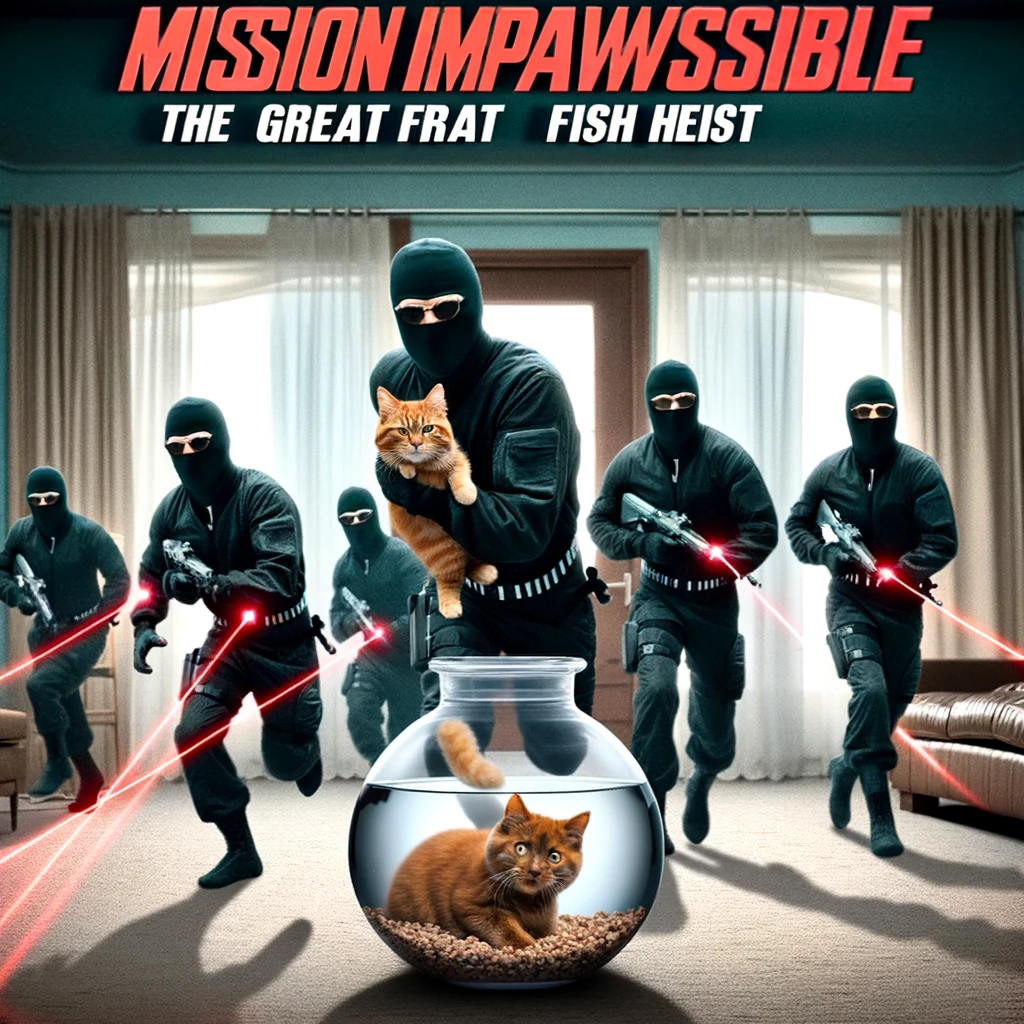 A ludicrous meme showing a group of cats in ninja outfits, stealthily moving through a living room, avoiding laser beams from security devices. A prized fishbowl is their target. The caption in a dramatic action movie font reads: "Mission Impawsible: The Great Fish Heist."