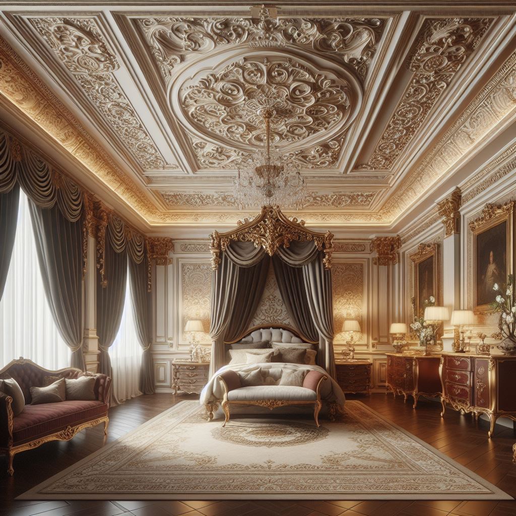 An elegant master bedroom with a classic tray ceiling adorned with ornate plasterwork and gold leaf detailing. The room should exude luxury, with a grand four-poster bed, rich velvet drapes, and antique furniture. The tray ceiling's intricate designs and gold accents should complement the room's overall opulent aesthetic, making it a royal retreat.
