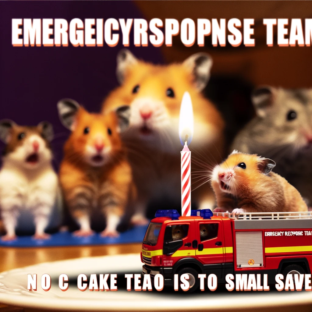 A riotously funny meme depicting a team of hamsters in a miniature fire truck, racing to extinguish a birthday candle. The scene is set at a birthday party with various animals watching in anticipation. The caption in a bold, lively font reads: "Emergency Response Team: No cake is too small to save."