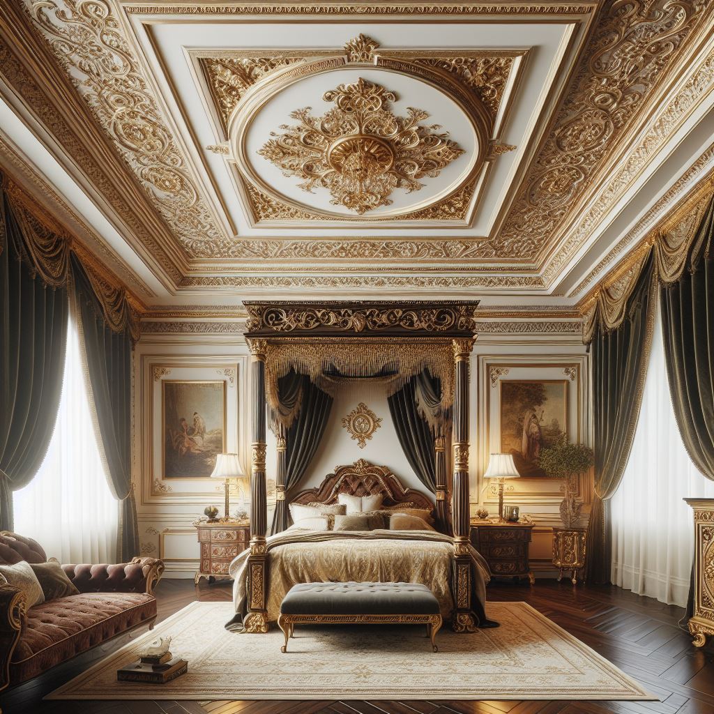 An elegant master bedroom with a classic tray ceiling adorned with ornate plasterwork and gold leaf detailing. The room should exude luxury, with a grand four-poster bed, rich velvet drapes, and antique furniture. The tray ceiling's intricate designs and gold accents should complement the room's overall opulent aesthetic, making it a royal retreat.