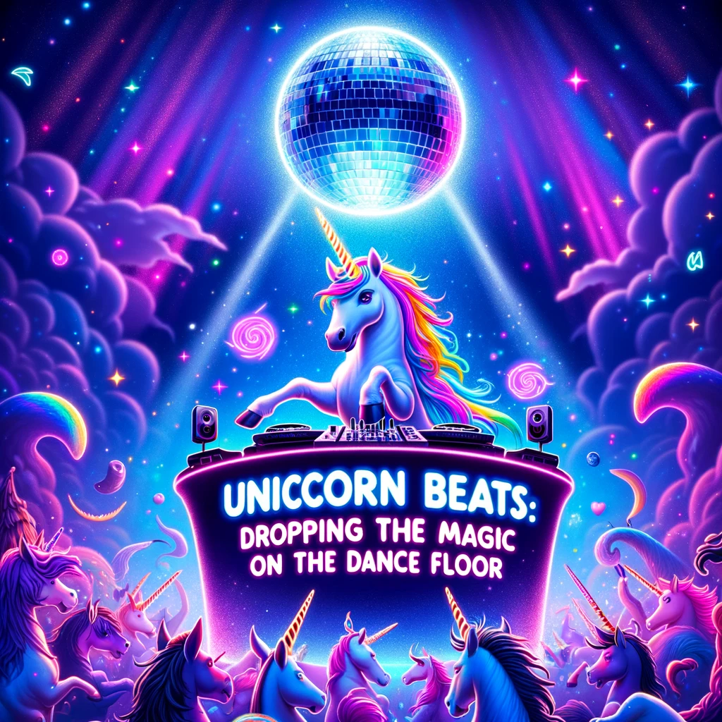 A fantastical meme showing a unicorn DJing at a rave, surrounded by dancing mythical creatures under a disco ball shaped like a moon. The scene is vibrant and colorful, with magical sparkles in the air. The caption in a neon dance party font reads: "Unicorn beats: Dropping the magic on the dance floor."