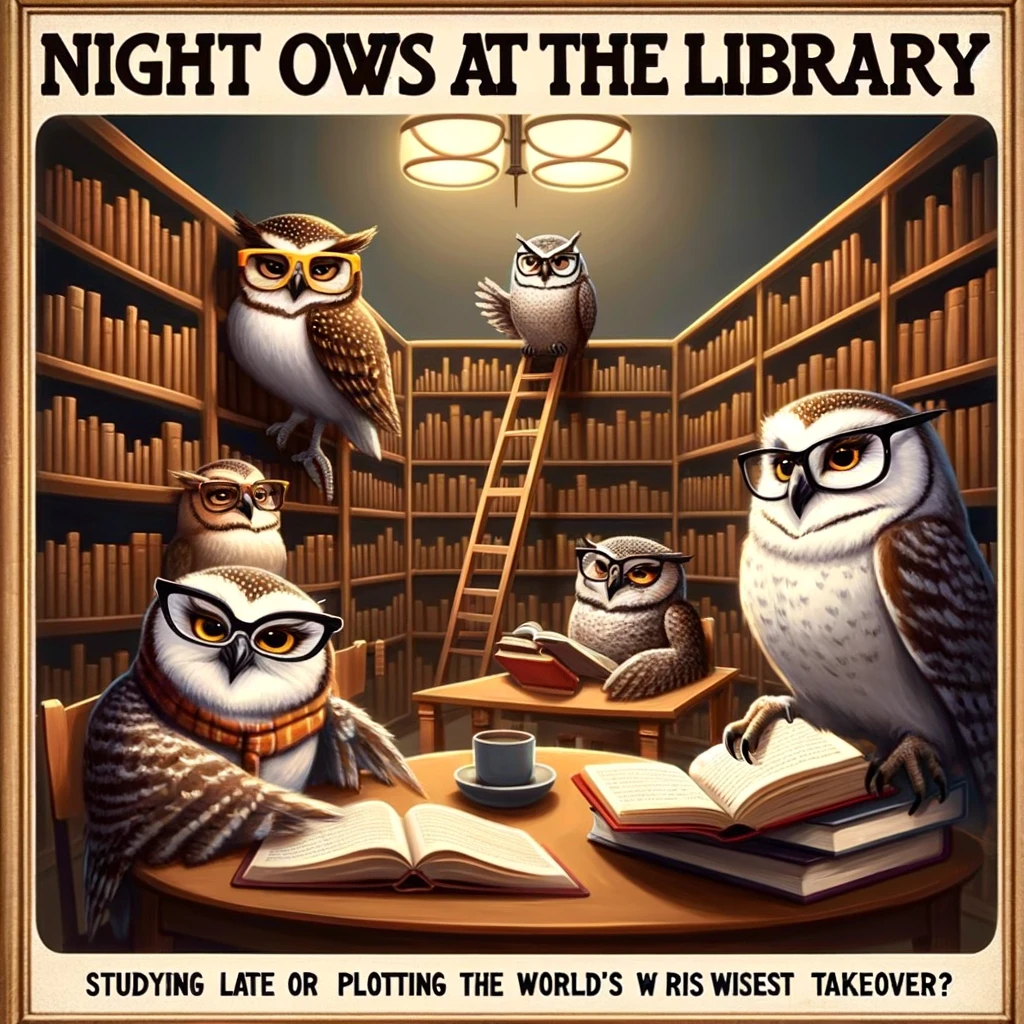 A wildly entertaining meme featuring a group of owls in a library, wearing glasses and reading books. One owl is on a ladder, reaching for a book on the top shelf. The caption in an elegant font reads: "Night owls at the library: Studying late or plotting the world's wisest takeover?"