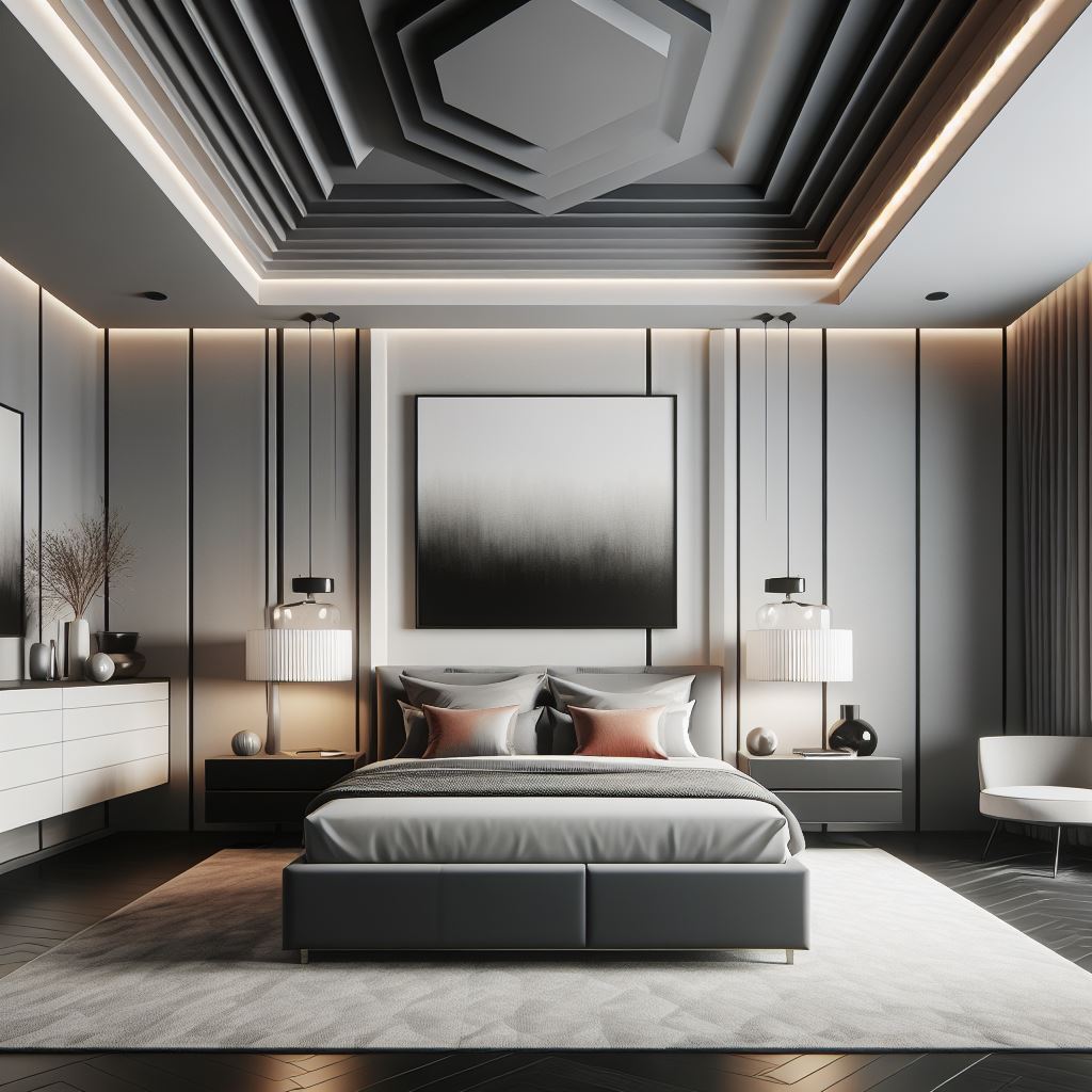 A modern master bedroom with a sleek, minimalist tray ceiling design. The ceiling should have sharp, clean lines and be painted in a contrasting color to the room's walls to accentuate its tray structure. Include contemporary furniture with a king-sized bed, floating nightstands, and a statement art piece above the bed. The room's overall color scheme should be monochromatic with pops of color through decorative pillows and throws.