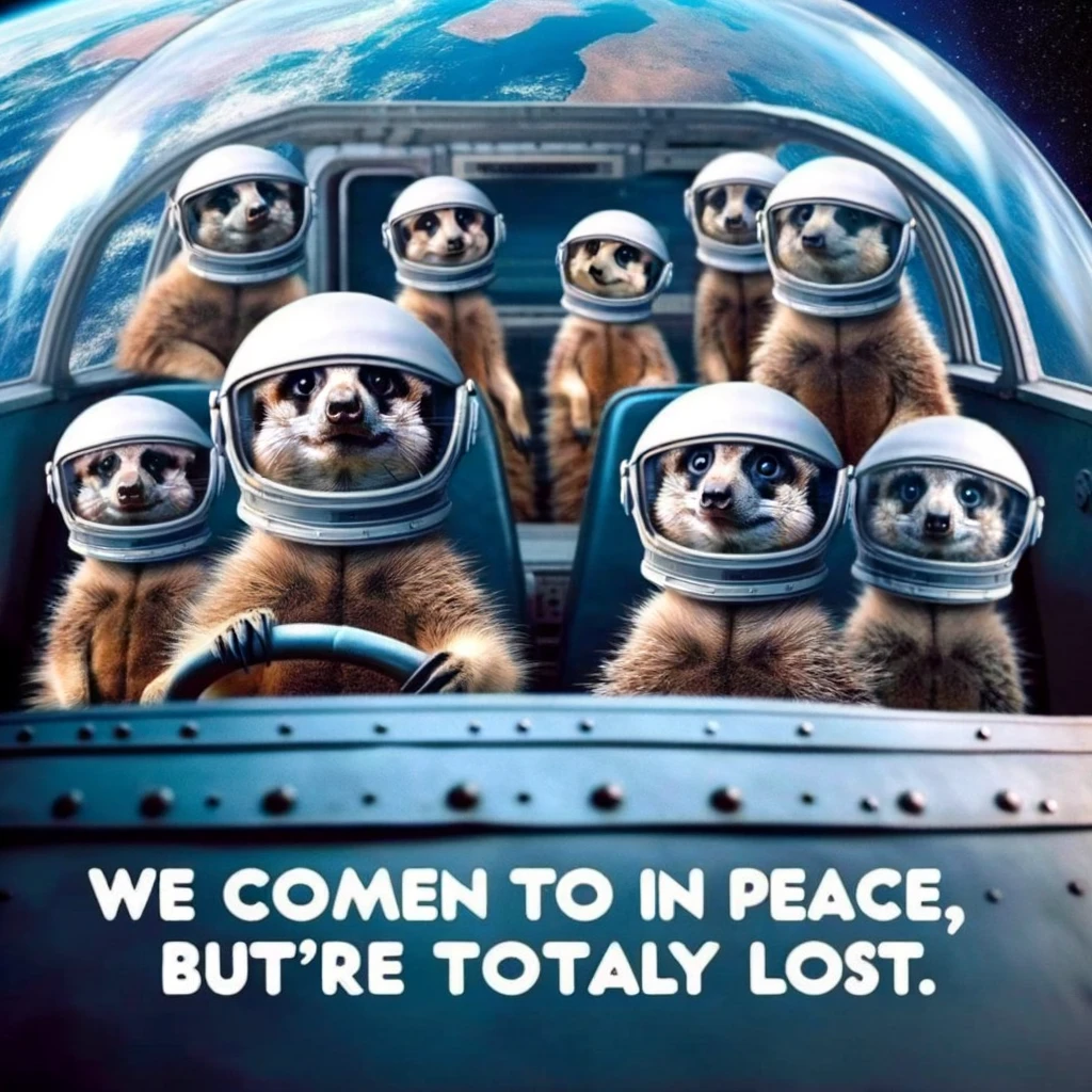 A hilarious meme showing a group of meerkats operating a spaceship, wearing astronaut helmets. They are looking out of the windows at Earth, appearing both amazed and confused. The caption in a space-themed font reads: "Meerkat mission to Earth: We come in peace, but we're totally lost."