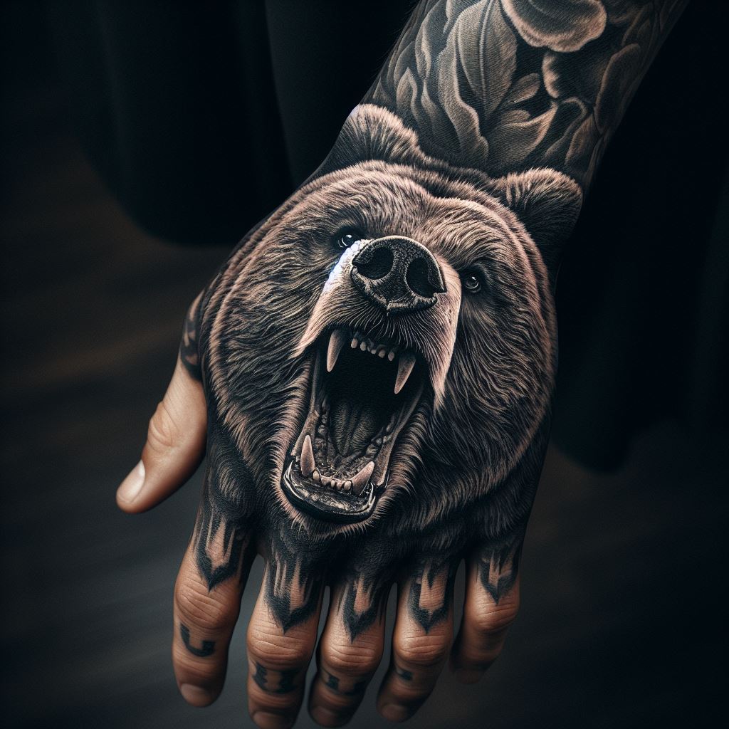 A detailed tattoo on the back of the hand, showing a bear's face with its jaws open in a roar. The design uses shading and textural details to give the bear a lifelike appearance, turning the hand into a symbol of power and defiance. This bold statement piece showcases the bear's ferocity and the wearer's fearless nature.