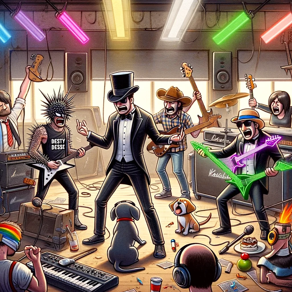 A humorous cartoon depicting band members dressed in an eclectic mix of outfits representing different music genres: metal spikes, country hats, EDM glow sticks, and classical tuxedos. They stand in a cluttered rehearsal room filled with a variety of instruments and genre-specific decorations, passionately arguing over what genre their music fits into. The scene is chaotic yet playful, with a confused pet (perhaps a dog or cat) wearing a tiny genre-neutral headphone, looking bewildered by the debate. This image captures the often humorous disagreements bands have over their musical direction, showcasing the diversity of influences that can shape a band's sound.