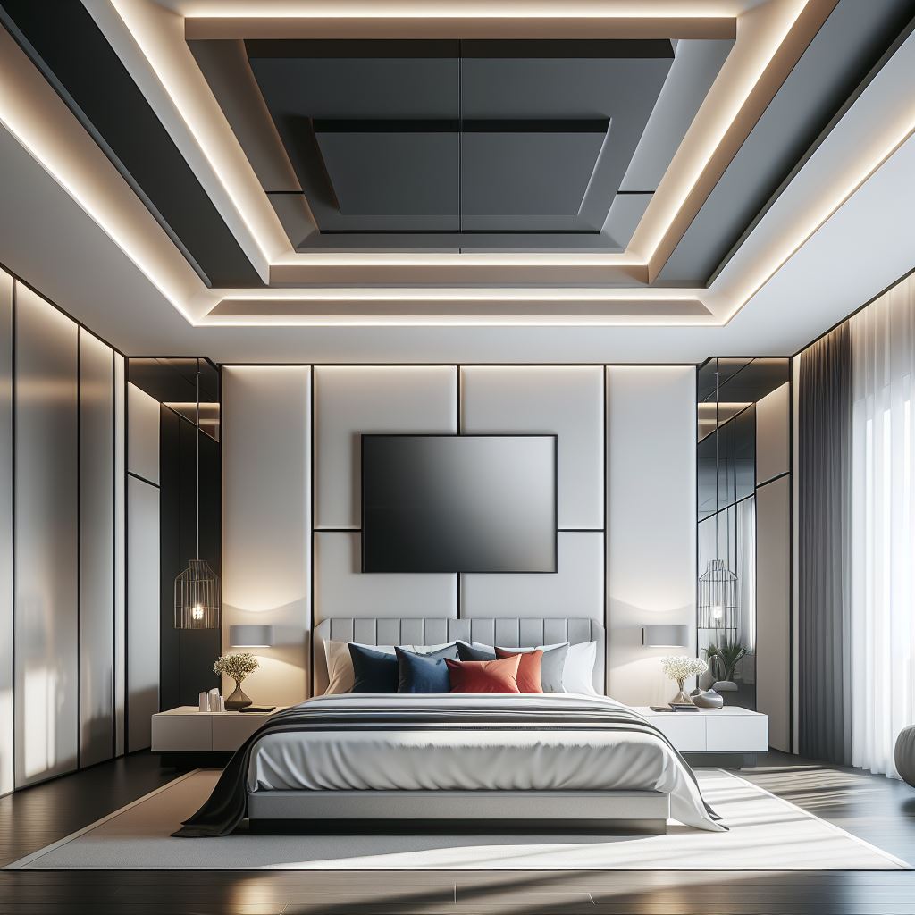 A modern master bedroom with a sleek, minimalist tray ceiling design. The ceiling should have sharp, clean lines and be painted in a contrasting color to the room's walls to accentuate its tray structure. Include contemporary furniture with a king-sized bed, floating nightstands, and a statement art piece above the bed. The room's overall color scheme should be monochromatic with pops of color through decorative pillows and throws.