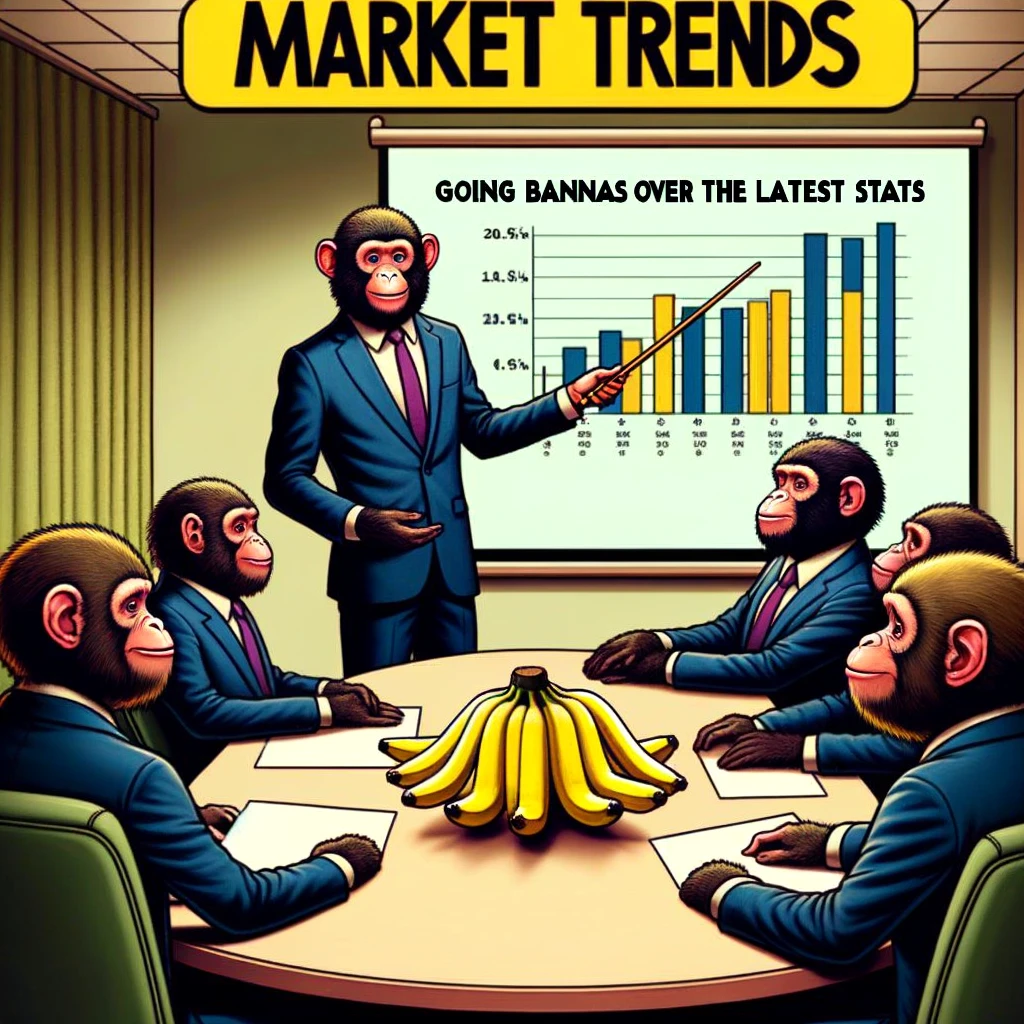 A meme depicting a group of monkeys in a boardroom, wearing suits and looking at graphs on a banana-shaped chart. One monkey is giving a presentation with a pointer. The caption in a corporate font reads: "Market trends: Going bananas over the latest stats."