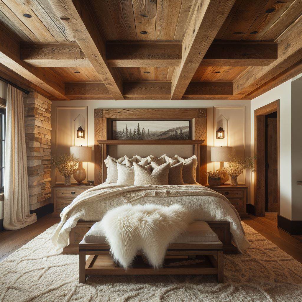 A rustic master bedroom featuring a wood beam tray ceiling that adds a cozy, cabin-like feel to the space. The room should have a large, comfortable bed with fluffy, warm bedding and a mix of natural materials throughout, including stone, wood, and wool. The tray ceiling should be the focal point, with exposed wooden beams and recessed lighting that highlights the room's rustic elegance.
