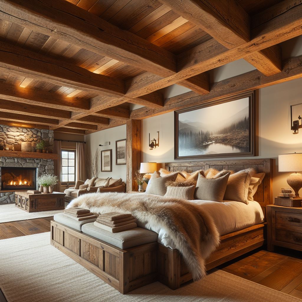 A rustic master bedroom featuring a wood beam tray ceiling that adds a cozy, cabin-like feel to the space. The room should have a large, comfortable bed with fluffy, warm bedding and a mix of natural materials throughout, including stone, wood, and wool. The tray ceiling should be the focal point, with exposed wooden beams and recessed lighting that highlights the room's rustic elegance.