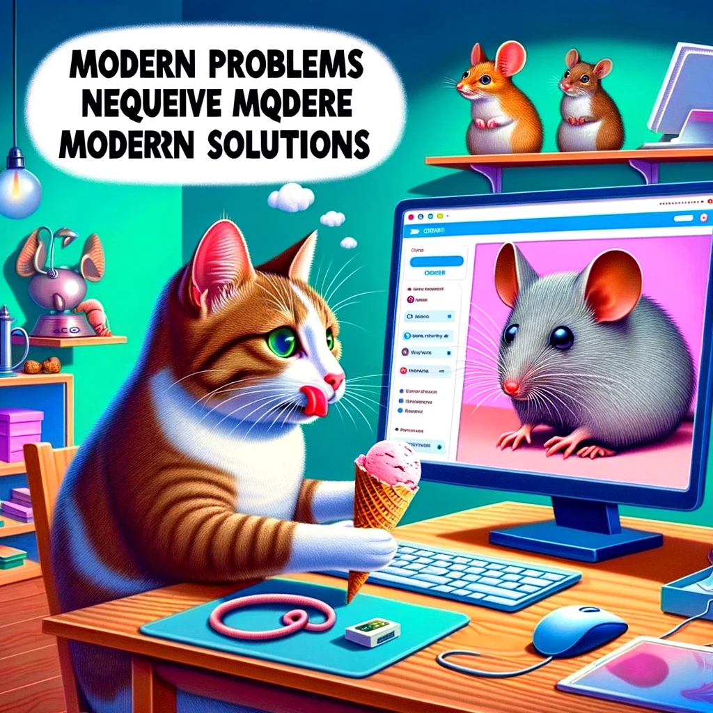 A surreal meme of a cat using a computer to order mouse-flavored ice cream online, while a mouse peeks over the screen looking shocked. The room is filled with tech gadgets and cat toys. The caption in a cheeky font reads: "Modern problems require modern solutions."