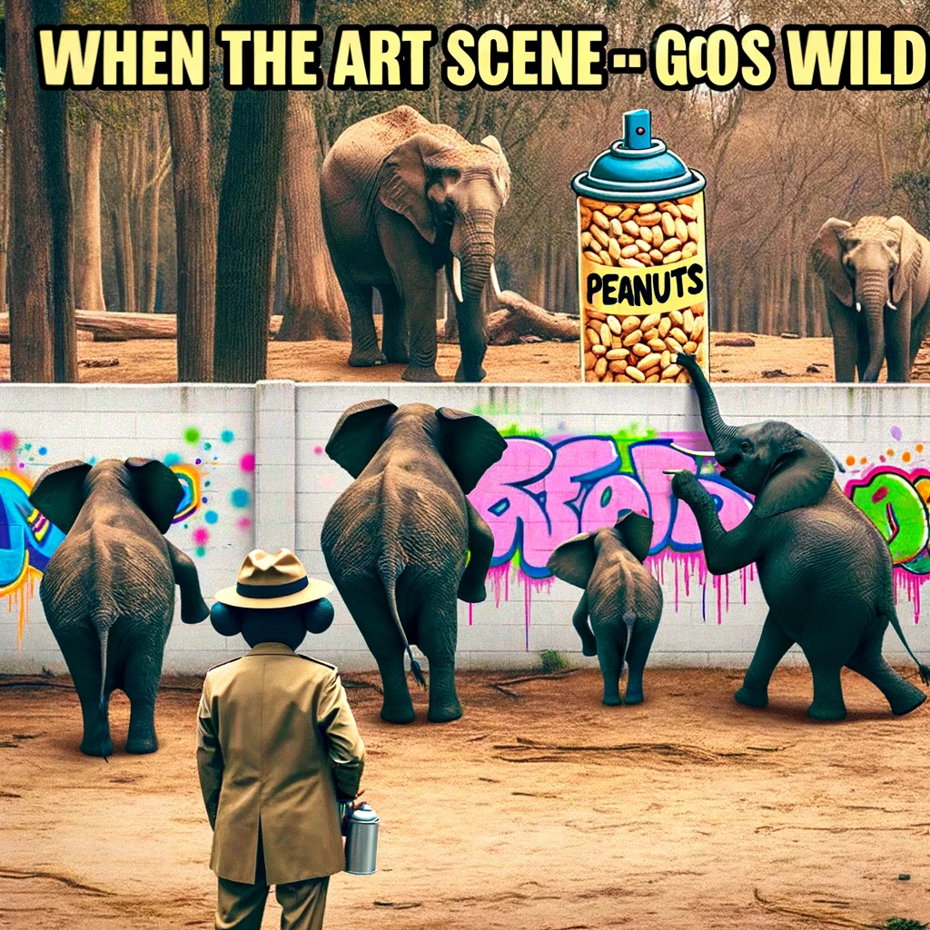 A comical meme featuring a group of elephants painting graffiti of peanuts on a zoo wall, with a lookout elephant watching for zookeepers. The scene is vibrant and playful, with the elephants using their trunks as spray cans. The caption reads: "When the art scene goes wild: Graffiti Elephants."