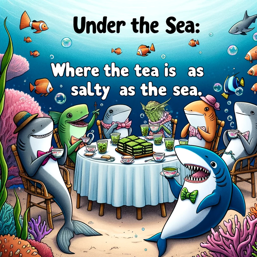 A whimsical meme showing a group of fish having a tea party underwater, with seaweed sandwiches and bubble tea. A shark in a bowtie serves as the waiter. The scene is filled with coral and colorful sea creatures. The caption reads: "Under the sea: Where the tea is as salty as the sea."