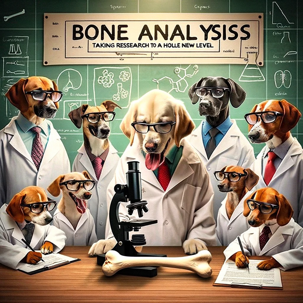A playful meme depicting a group of dogs in a science lab, wearing lab coats and goggles, examining a bone under a microscope. One dog is taking notes, while others watch eagerly. The caption in a scientific font reads: "Bone analysis: Taking research to a whole new level."