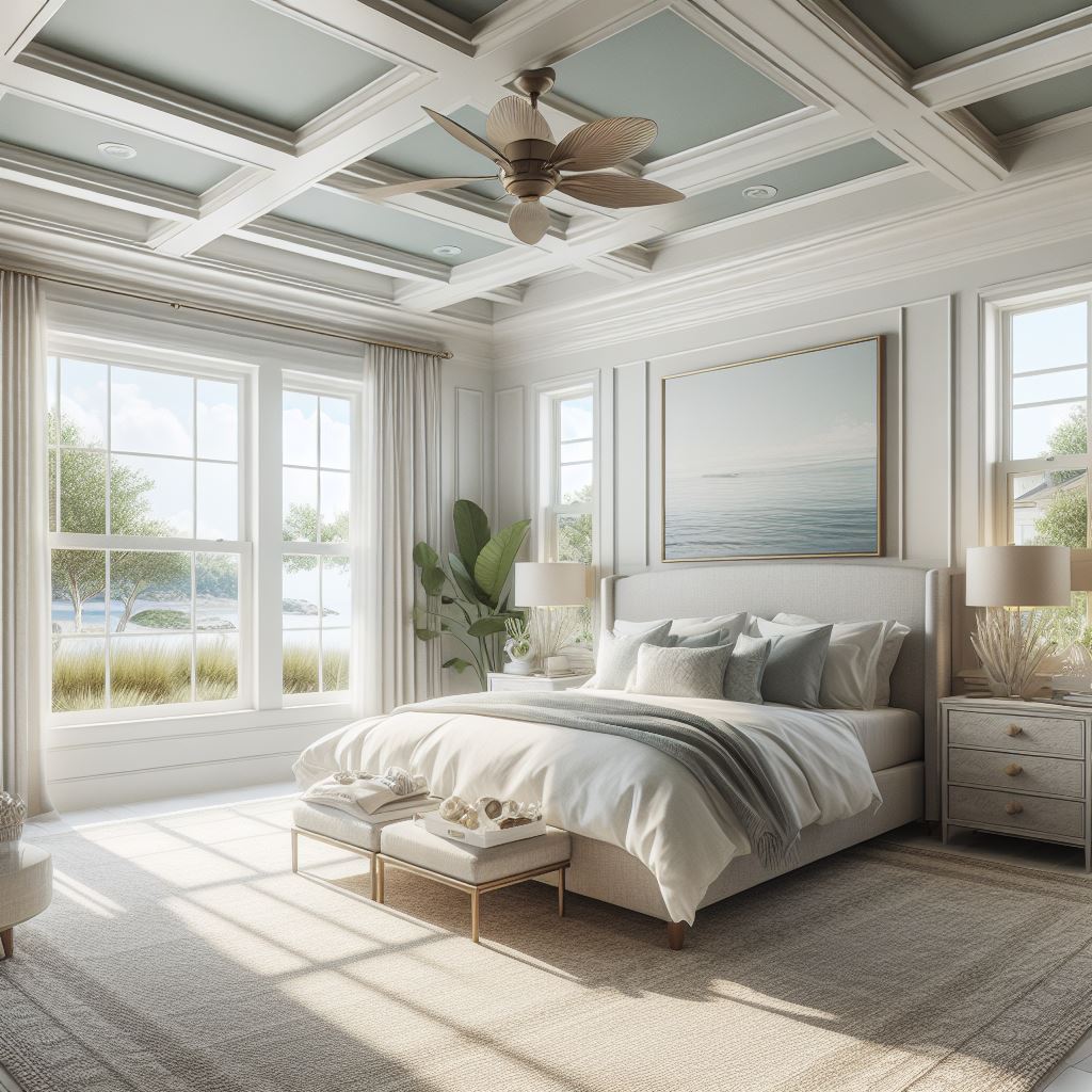 A coastal-inspired master bedroom with a bright and airy tray ceiling that enhances the room's sense of space and light. The ceiling should be painted in a light, soothing color that reflects the natural light coming through large windows. The room should feature a comfortable, king-sized bed with linen bedding, and decor elements that echo the beach, such as light wood tones, sea glass, and soft blues and greens.
