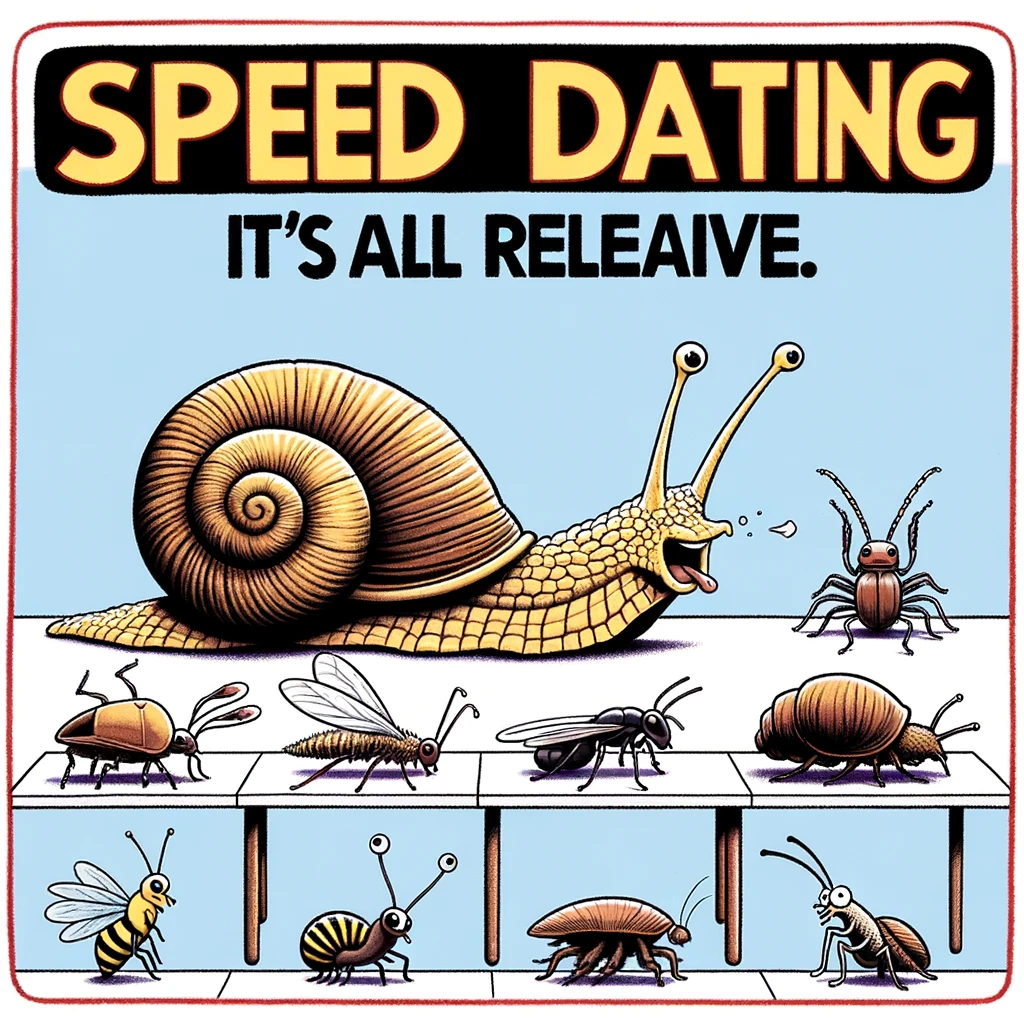 A tongue-in-cheek meme featuring a snail as a speed dating host, with various insects and small animals as participants. Each "date" lasts only a few seconds, with a humorous emphasis on the snail's slow nature. The caption reads: "Speed dating: It's all relative."