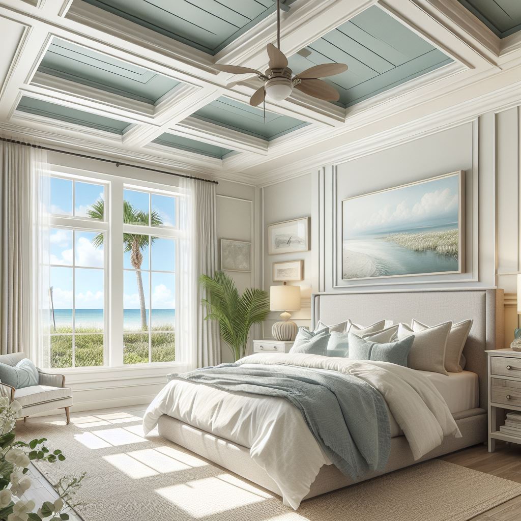 A coastal-inspired master bedroom with a bright and airy tray ceiling that enhances the room's sense of space and light. The ceiling should be painted in a light, soothing color that reflects the natural light coming through large windows. The room should feature a comfortable, king-sized bed with linen bedding, and decor elements that echo the beach, such as light wood tones, sea glass, and soft blues and greens.